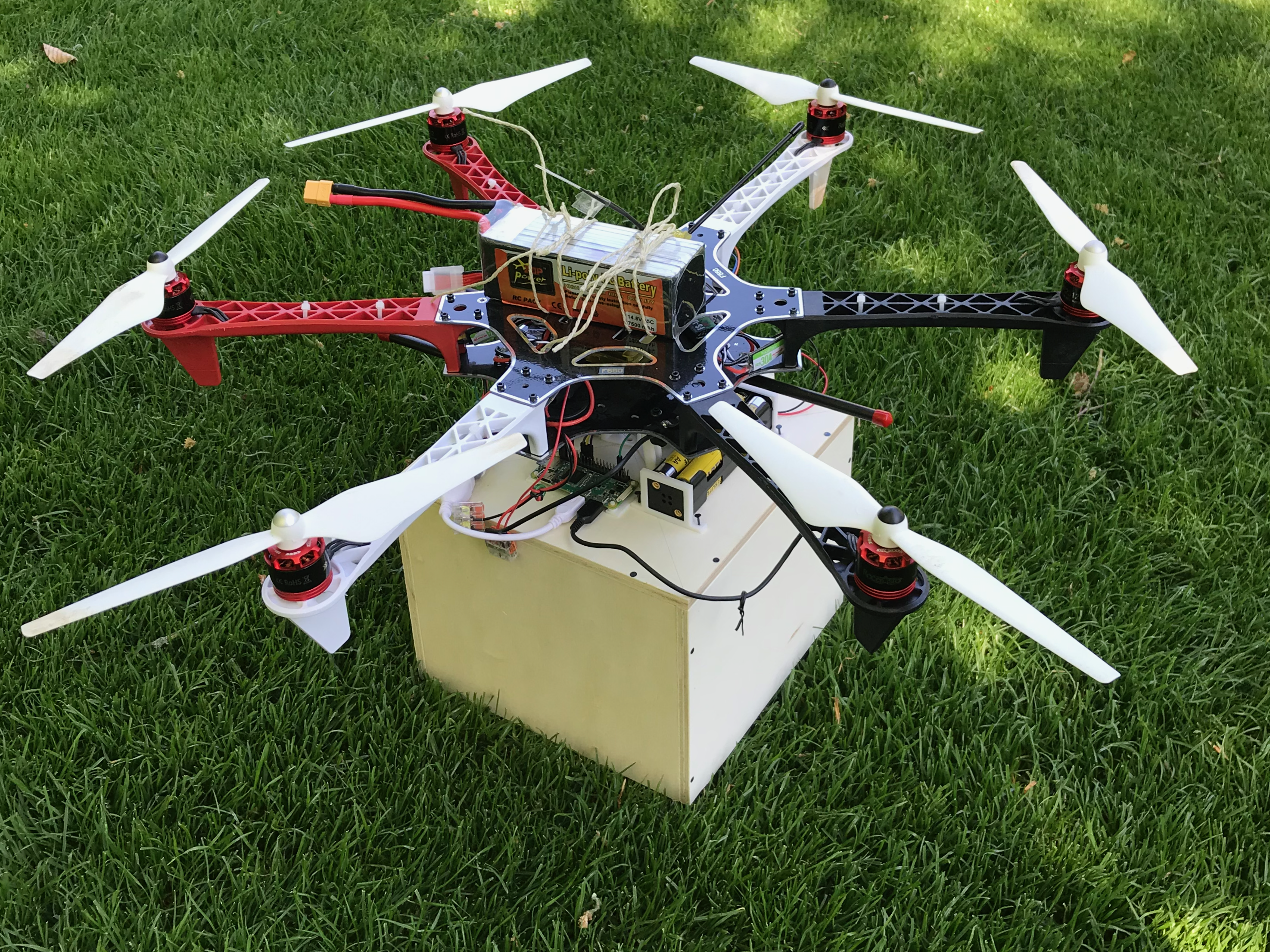 First delivery drone prototype with wooden box