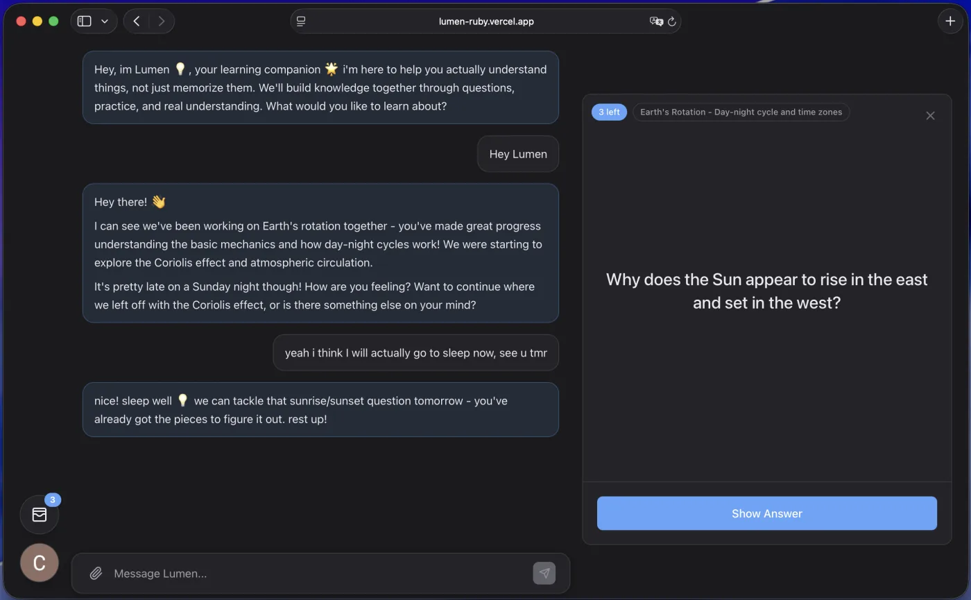 Lumen interface showing chat and learning tools